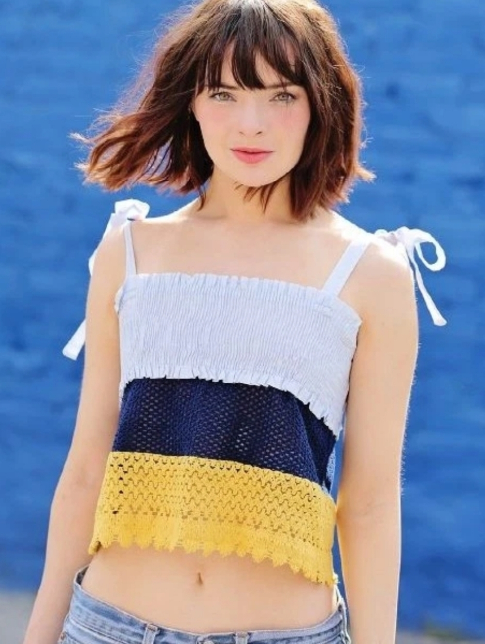 WOMEN'S ZARA BLUE & YELLOW BOW TOP TANK TOP SHIRT BLOUSE SZ M $36